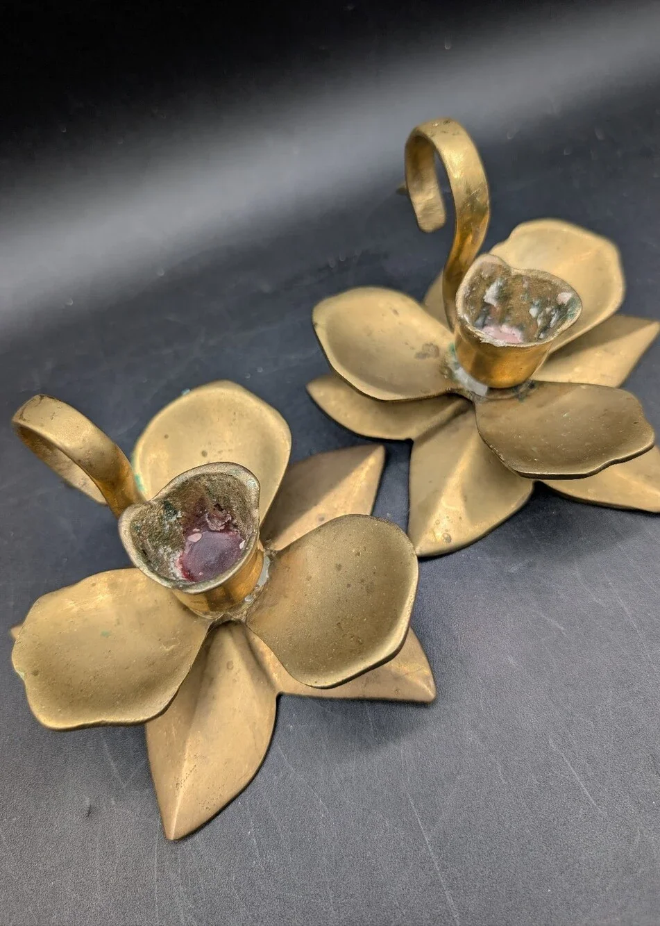Pair Vintage Brass Orchid Flower Candlestick Holders